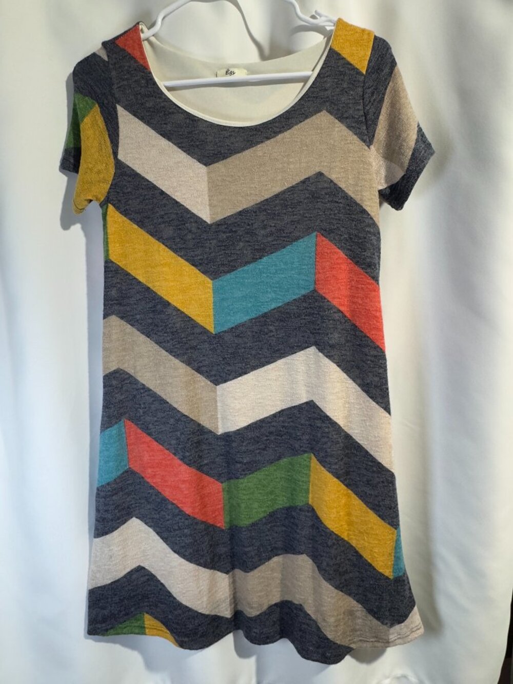 Egs A-Line Lined Mini Dress Short Sleeve Multi Color Chevron Size Small Pockets
